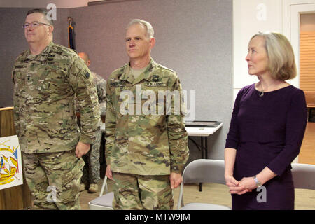 76th Division (OR) Commanding General, Maj. Gen. Ricky Waddell, promoted Command Chaplain Col. Bruce Sidebotham at his current rank, during the unit’s battle assembly January 21 at Fort Douglas, Utah. Stock Photo