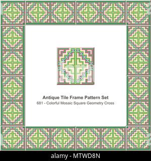 Antique tile frame pattern set colorful mosaic pixel square geometry cross, ceramic decoration template for greeting card design. Stock Vector