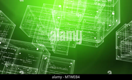 An ultramodern 3d illustration of crystalline program code boxes flying ...