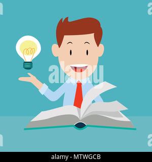 Happy businessman reading book with idea, Knowledge business education concept. Reading book for skill development - Flat Vector Illustration. Stock Vector