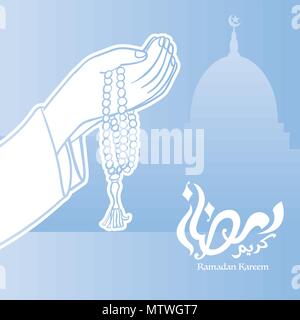 Ramadan Kareem and Hand praying with beads, Ramadhan Kareem greeting beautiful lettering for banner islamic background - Vector Illustration Stock Vector