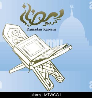 Ramadan Kareem with Open Quran, Ramadhan Kareem greeting beautiful lettering for banner islamic background - Vector Illustration Stock Vector
