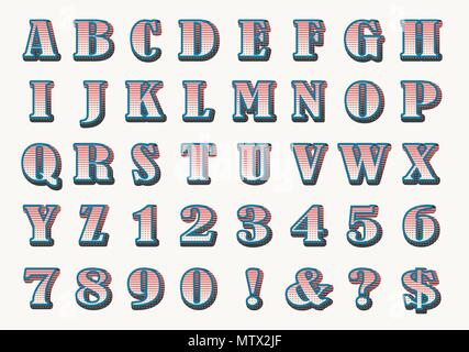 Hand Drawn Wide Retro Alphabet. Letters and Numbers isolated on White. Vector Illustration. Stock Vector