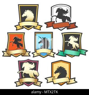 Set of colorful shields with horse silhouettes and ribbon. Vector Illustration. Stock Vector