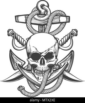 Human Skull with Eyepath and Two Sabres against Anchor in Ropes drawmn in tattoo style. Vector illustration. Stock Vector