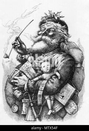 . English: Thomas Nast's most famous drawing, 'Merry Old Santa Claus', from the January 1, 1881 edition of Harper's Weekly. Thomas Nast immortalized Santa Claus' current look with an initial illustration in an 1863 issue of Harper's Weekly, as part of a large illustration titled 'A Christmas Furlough' in which Nast set aside his regular news and political coverage to do a Santa Claus drawing. The popularity of that image prompted him to create another illustration in 1881. 1 January 1881. Thomas Nast 438 Nast Santa cropped, 1881