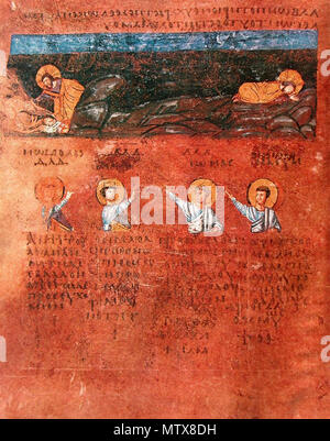 . English: The Rossano Gospels (Cathedral of Rossano, Calabria, Italy, Archepiscopal Treasury, s.n.) is a 6th century Byzantine Gospel Book and is believed to be the oldest surviving illustrated New Testament manuscript. 6th century. 6th century anonymous 529 Rossano Gospels - Agony in the garden Stock Photo