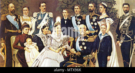 . English: King Oscar II of Sweden (1829-1907) and family, from left: Prince Oscar and Princess Ebba Bernadotte, Princess Ingeborg with daughter Margaretha, Prince Carl, Princess Teresia, Queen Sofia, Princes Wilhelm and Gustaf (VI) Adolf, (king), Crown Prince Gustaf (V), Crown Princess Viktoria, Princes Erik and Eugen . 1900 (file name has wrong year). Unknown painter on photo by unknown (publication Julen Anno 1900) 458 Oscar II of Sweden &amp; family 1900 Stock Photo