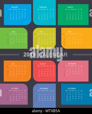 Colorful calendar 2019. Week starts on Sunday. Stock Vector