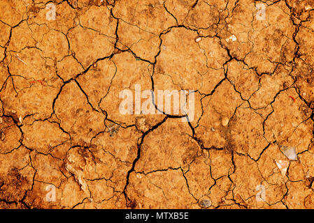 Dry cracked ground soil, top view. Texture of land during drought season. Unique natural pattern for backgrounds. Stock Photo
