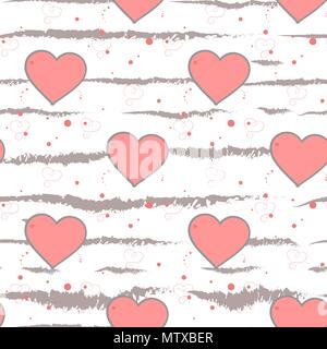 Valentine s Day background. Grunge brush strokes Hearts and Stripes Seamless pattern. Love. eps 10 Stock Vector