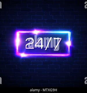 Opening hours 24 7. Neon light rectangle round the clock store frame on brick wall background. Open sign 24 Hours night club or bar neon signage. Square techno banner. Bright color vector illustration Stock Vector