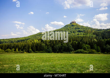 Extreme long shot view of Burg Hohenzollern, a castle in central Baden-Wurttemberg, Germany, ancestral seat of the imperial House of Hohenzollern, kin Stock Photo