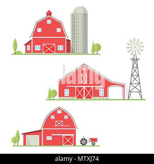 Set of old american farm icon in flat style. For web design and application interface. Vector illustration. Farm house with old tractor, barn, old win Stock Vector