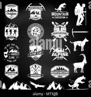 Set of mountain expedition badges with design elements on the chalkboard. Vector. Concept for alpine club shirt or logo, print, stamp or tee. Design w Stock Vector