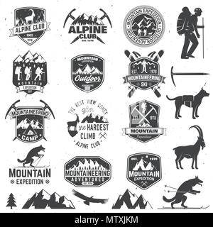 Set of mountain expedition badges with design elements. Vector. Concept for alpine club shirt or logo, print, stamp or tee. Design with mountaineers a Stock Vector
