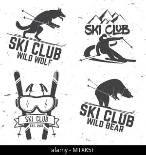 Set of vector ski club retro badges. Concept for shirt, print, seal or stamp. Skis, mountain, bear, wolf and goggles. Typography design- stock vector. Stock Vector