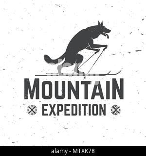 Mountain expedition badge. Vector illustration. Concept for shirt or logo, print, stamp or tee. Vintage typography design with wolf on the ski silhoue Stock Vector