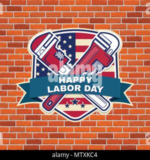 Labor day badge emblem with wrenches and American flag on brick wall background. Vector illustration. Labor day design. Stock Vector