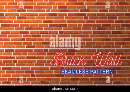 Red brick wall background. Vector illustration. Brick wall seamless pattern. For neon lights advertising background. Stock Vector