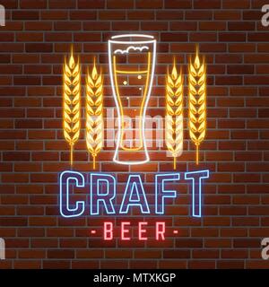 Retro neon Beer Bar sign on brick wall background. Vector illustration. Neon design for bar, pub or restaurant business. Craft beer. Stock Vector