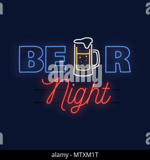 Beer night. Vector illustration. Neon design for bar, pub and restaurant business. Stock Vector