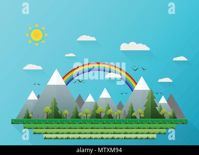 Abstract of summer view in natural forest details with clear sky and rainbow background, illustration vector eps10 Stock Vector