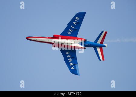 A French Alpha jet of the Patrouille de France display team at the Imperial War Museum Air Festival on the 27 May 2018 Stock Photo