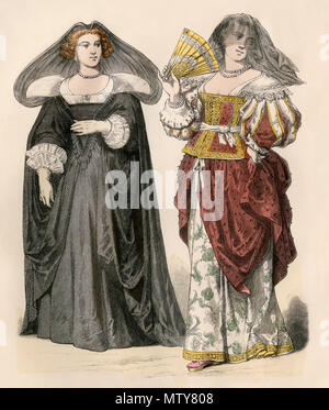 Woman in mourning and woman with fan, fashion of 1600s. Hand-colored print Stock Photo