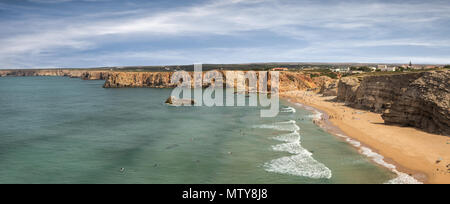 SAGRES, PORTUGAL - AUGUST 25, 2016: Aerial view of surfers on sandy beach near Sagres village in Portugal Stock Photo