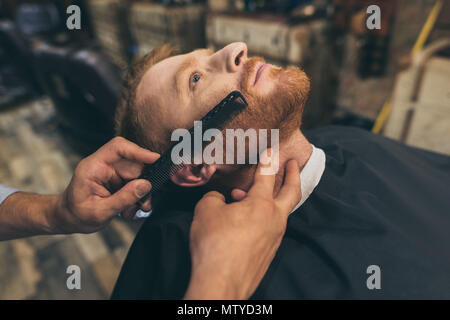 Male barber combing customers beard in barber shop Stock Photo