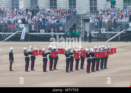 London UK. 31st May 2018. Horse Guards. The Massed bands of Her Majesty's Royal Marines perform Beating Retreat  ceremony attended by HRH William The Duke of Cambridge in an evening extravaganza of pomp and musical ceremony Credit: amer ghazzal/Alamy Live News Stock Photo