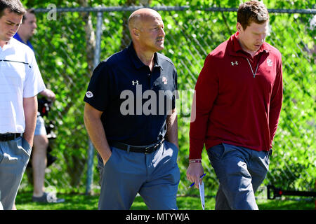 Foxborough, Massachusetts, USA. 31st May, 2018. Boston College Eagles head coach Steve Addazio walks out to the practice field at the Patriots organized team activities held on the practice fields at Gillette Stadium, in Foxborough, Massachusetts. Eric Canha/CSM/Alamy Live News Stock Photo