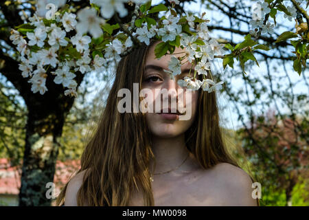 Portrait of a teenage girl standing under a cherry blossom tree Stock Photo