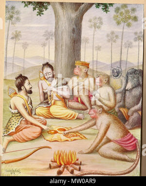 . Rama Meets Sugreeva .  With Rama's assistance Sugreeva was able to challenge Vali in combat. Finally, the arrow shot from a distance by Rama killed the powerful warrior monkey, Vali. It is said that Rama could not identify who was Vali and Sugreeva! The artist has shown a garland around Sugreeva's shoulder that Rama might have used to distinguish who is his friend and who was Vali. 1912 (author dead before 1952 (April 13, 1951) - see en:Bhawanrao Shriniwasrao Pant Pratinidhi  511 Rama Meets Sugreeva Stock Photo