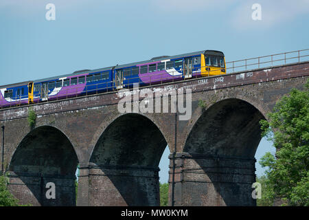 A Northern Rail pacer train passes over a railway viaduct which crosses Reddish Vale Country Park in Stockport, Greater Manchester, UK Stock Photo
