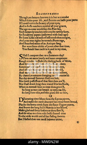 . English: A facsimile of the original printing of Shakespeare's en:Sonnet 18. Source: http://extra.shu.ac.uk/emls/Sonnets/b4v.jpg . Shakespeare 567 Sonnet 18 1609 Stock Photo