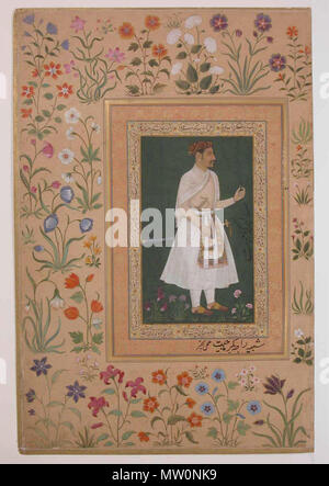 . 'Portrait of Raja Bikramajit (Sundar Das)', Folio from the Shah Jahan Album Painting by Bichitr (active ca. 1610–60) Calligrapher:   Mir 'Ali Haravi (d. ca. 1550) Object Name:   Album leaf Reign:   Jahangir (1605–27), recto Date:   recto: ca. 1620; verso: ca. 1540 Geography:   India Medium:   Ink, opaque watercolor, and gold on paper Dimensions:   15 1/4 x 10 1/8in. (38.7 x 25.7cm) Classification:   Codices Credit Line:   Purchase, Rogers Fund and The Kevorkian Foundation Gift, 1955 Accession Number:   55.121.10.1 This artwork is not on display Sundar Das was a Hindu whoses ancestors had bee Stock Photo