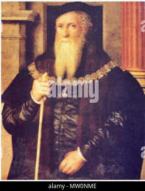 . English: Artist: Guillim [William] Scrots (Flemish; Royal court painter in England from 1545); Title: Portrait of Sir Anthony Wingfield; Medium: Oil on canvas; Size: 89 x 72.5 cm. (35 x 28.5 in.) Portrait sold at Sotheby’s, London, 10 July 1991, Lot 7A, est. £35,000-£50,000; Provenance: Revd John Long of Saxmundham & Coddenham, T. Humphrey Ward (sold 1912), L.D. Cunliffe of Trelissick, Cornwall. 1 January 1550. Guillim [William] Scrots 497 Portrait of Sir Anthony Wingfield Stock Photo