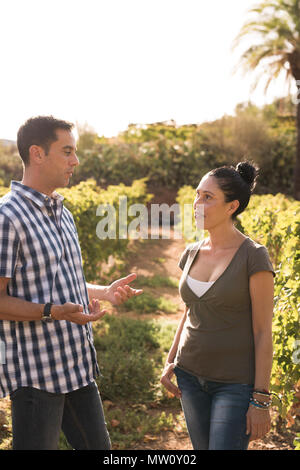 Brown haired man and woman having a conversation in the vineyards on a sunny day, both wearing jeans and casual tops Stock Photo