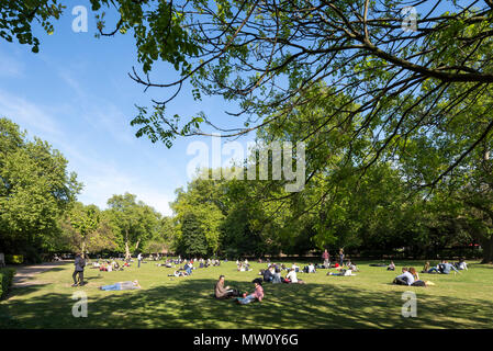 A busy grass area filled with people picnicking and sunbathing on a sunny summer day in Lincoln's Inn field in Central London. Stock Photo