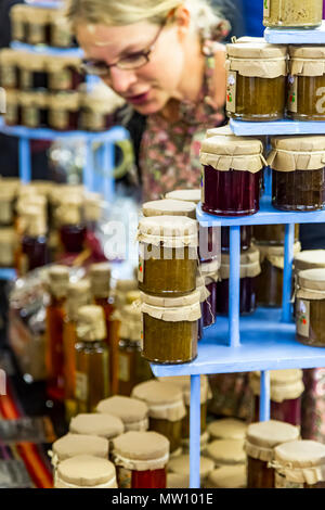 Market stall holder selling jam, jams & marmalade at Louth food ...