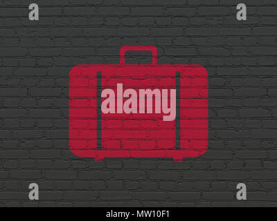 Vacation concept: Painted red Bag icon on Black Brick wall background Stock Photo