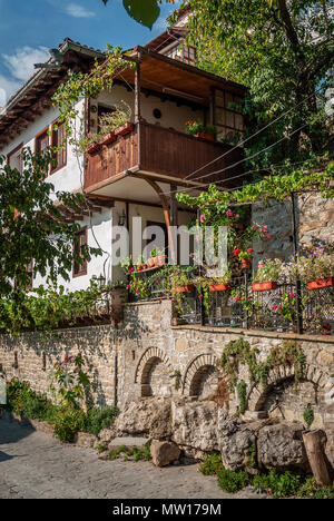 old town cobbled street and traditional houses view of veliko tarnovo bulgaria Stock Photo