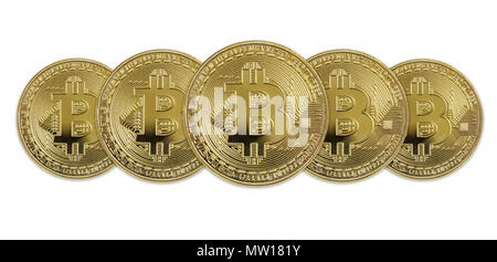 Several symbolic golden coins of bitcoin crypto currency, new digital money in cyber world, isolated on white background Stock Photo