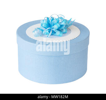 Round blue closed gift box decorated with a bow isolated on a white background Stock Photo