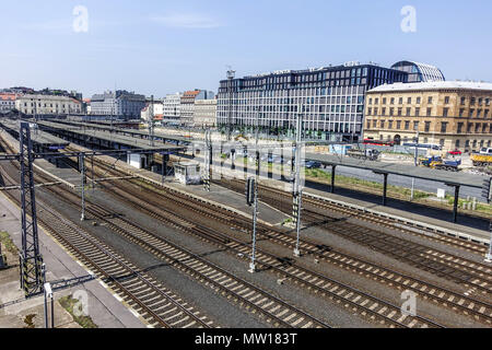 Masaryk railway station and the Florentinum building in the background, Prague, Czech Republic Stock Photo