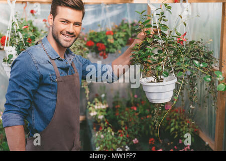 smiling gardener in apron checking plants during work in greenhouse Stock Photo