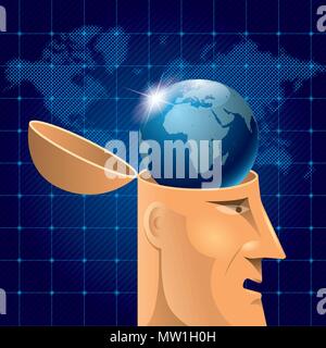 Artificial intelligence concept design, earth in the brain. Stock Vector