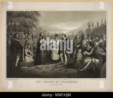 . English: Title: The wedding of Pocahontas with John Rolfe / Geo Spohni. Date Created/Published: Philadelphia : Published by Joseph Hoover, 719 Samson St., c1867. Medium: 1 print : lithograph. Summary: Print showing large gathering of Natives and Englishmen for wedding ceremony between Pocahontas and John Rolfe. Reproduction Number: LC-DIG-pga-03343 (digital file from original print) LC-USZ62-5258 (b&w film copy neg.) Rights Advisory: No known restrictions on publication. Call Number: PGA - Sponhi--Wedding of Pocahontas ... (D size) [P&P] Repository: Library of Congress Prints and Photographs Stock Photo